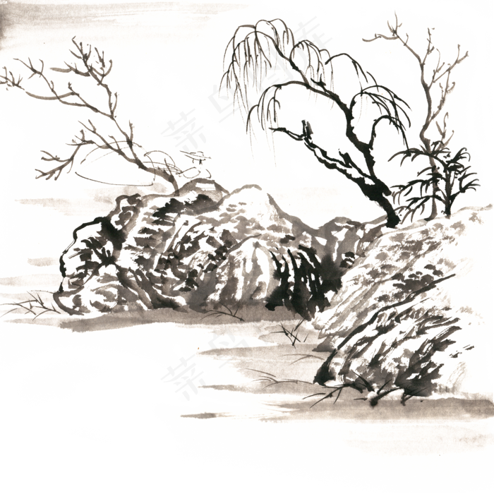 线描稿岩石上的柳树