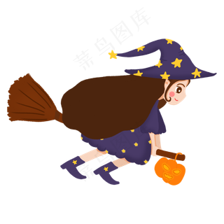 手绘万圣节可爱女巫骑扫把飞,免抠元素