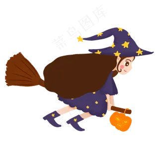 手绘万圣节可爱女巫骑扫把飞,免抠元素