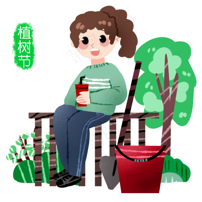 植树节休息的小女孩