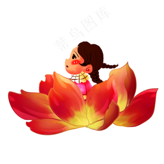 彩绘坐在荷花上的小女孩人物素材