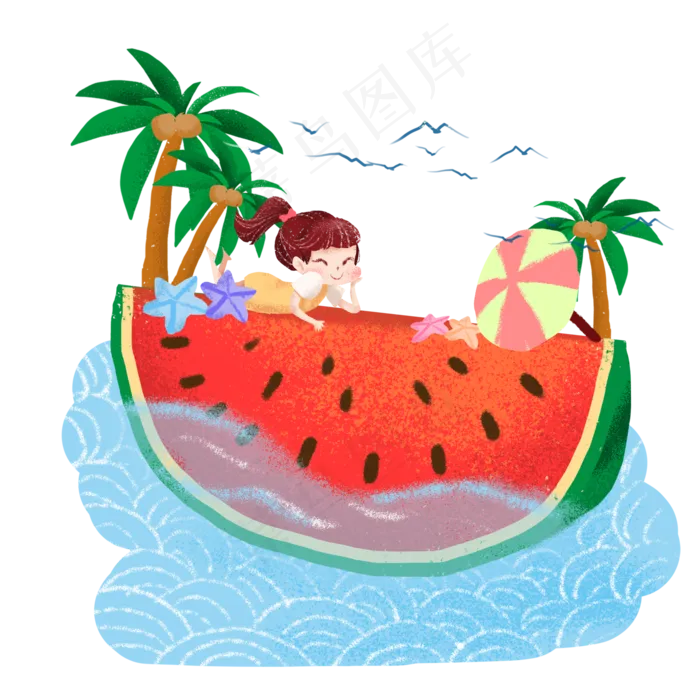 夏日暑假在西瓜岛上休息的女孩(2000X2000(DPI:300))psd模版下载
