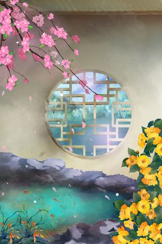 中国风锦鲤园林景观鱼池古风月季园林山水