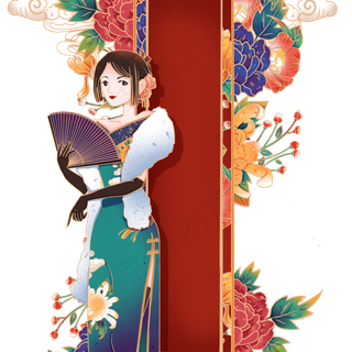 国潮红色花鸟旗袍女子,免抠元素