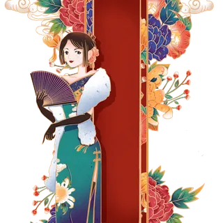 国潮红色花鸟旗袍女子,免抠元素