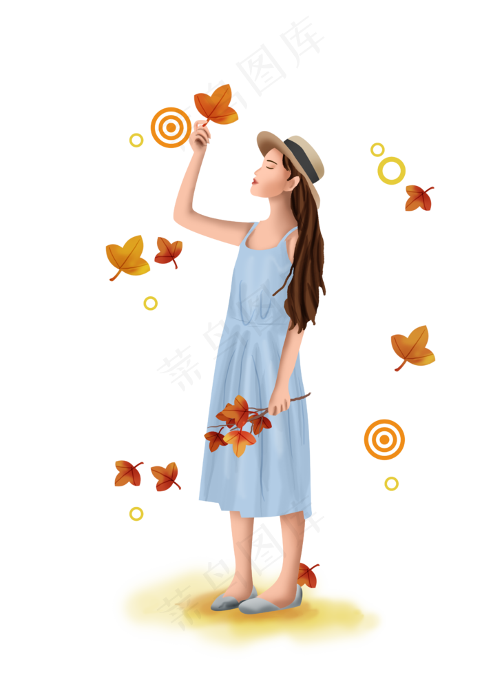 立秋秋天女孩和枫叶,免抠元素