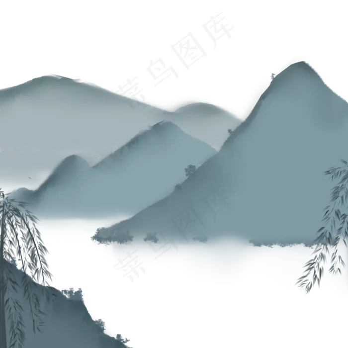 中国风山水起伏柳条水墨画(2000X2000(DPI:300))psd模版下载