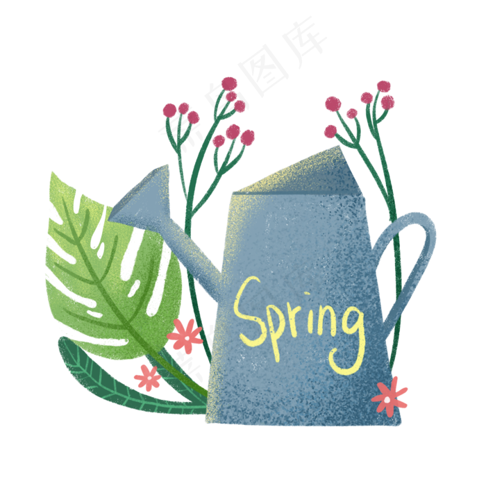 植树节水壶和植物插图PNG免抠素材