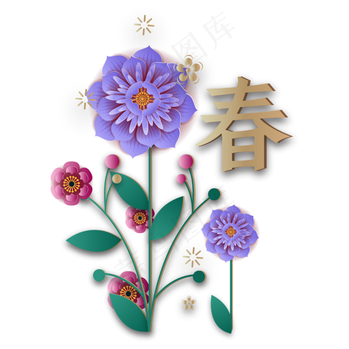 传统春节花朵剪纸装饰,免抠元素