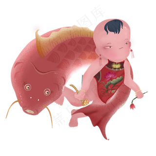 手绘卡通年画娃娃鲤鱼元素,免抠元素