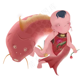 手绘卡通年画娃娃鲤鱼元素,免抠元素