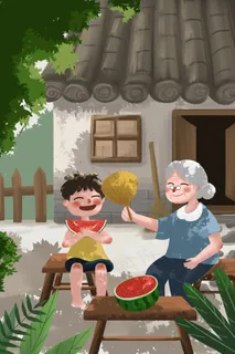 夏天夏季吃西瓜祖孙小清新童年乘凉 夏天夏季吃西瓜祖孙小清新童年乘凉