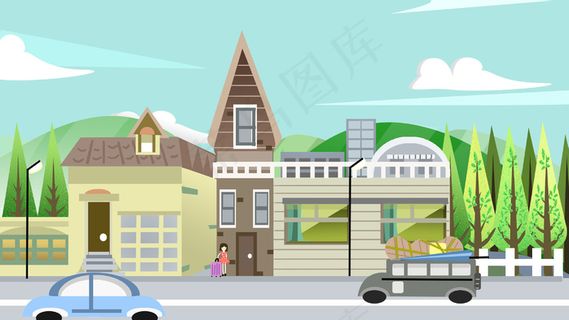女孩拿行李等车私家车出行旅游黄绿色系图