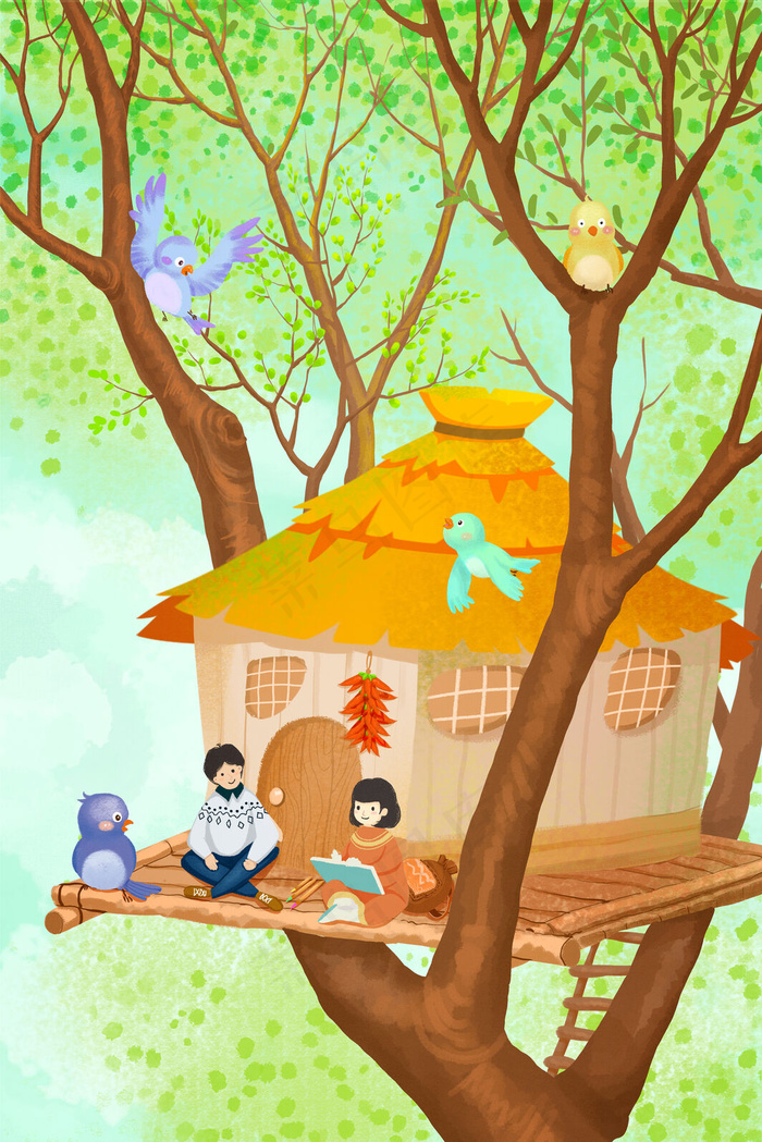 七夕夏季绿色林中小屋