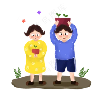 植树节情侣种植盆栽植物手绘人物