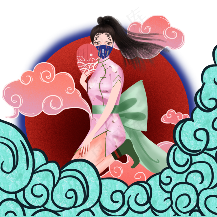 中国国潮装饰旗袍美人涂鸦(3500X3500(DPI:200))psd模版下载