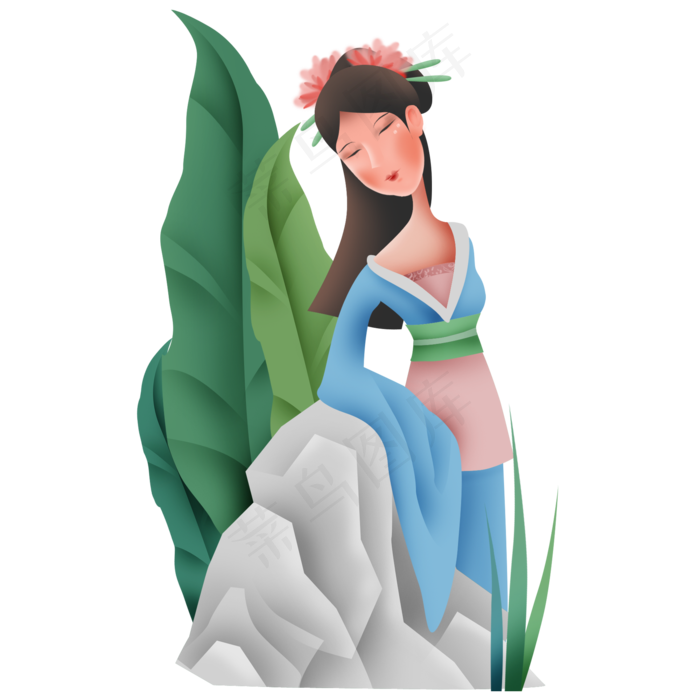 夏季假山和古代少女