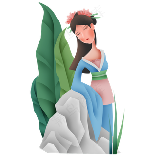 夏季假山和古代少女