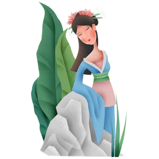 夏季假山和古代少女 夏季假山和古代少女