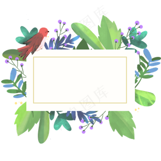 绿色植物淡雅花鸟边框png,免抠元素