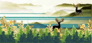 现代麋鹿山水绿色简约装饰画
