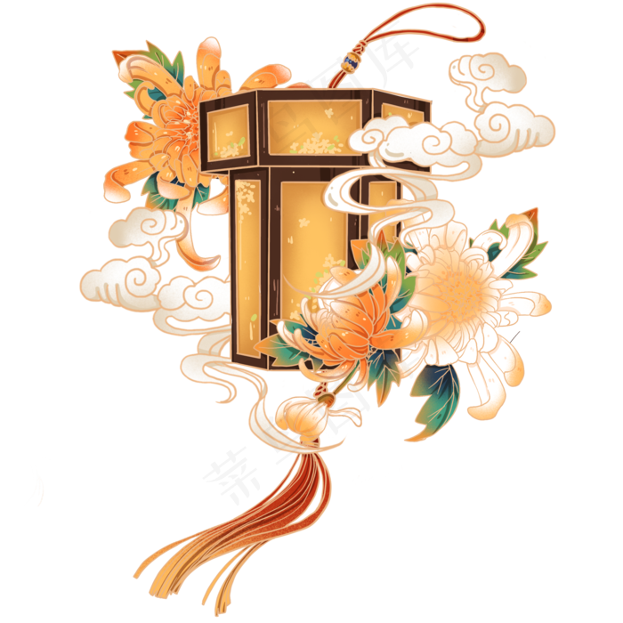 国潮节日用装饰感菊花花灯,免抠元素