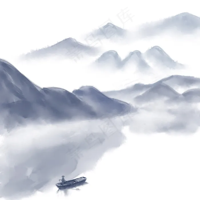 中国风山水水墨重山峻岭流水小船,免抠元素(2000*2000px)psd模版下载