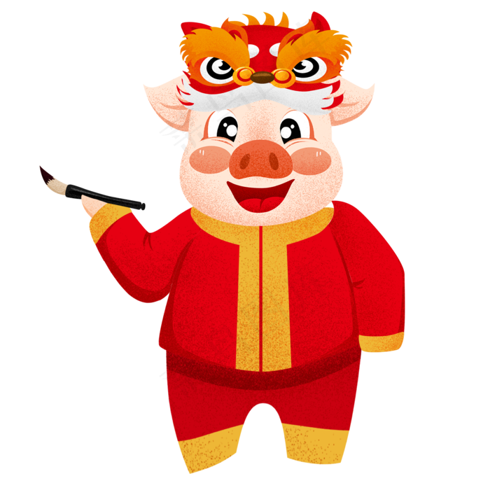 手绘可爱带着狮子头帽子的猪猪元,免抠元素