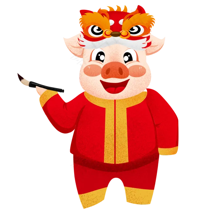 手绘可爱带着狮子头帽子的猪猪元,免抠元素(2000X2000(DPI:300))psd模版下载