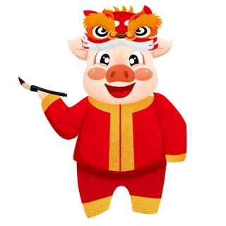 手绘可爱带着狮子头帽子的猪猪元,免抠元素