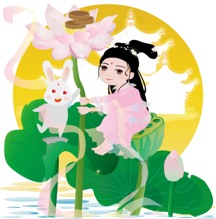 手绘荷花中秋节嫦娥玉兔可商用元(1125X2436(DPI:72))psd模版下载