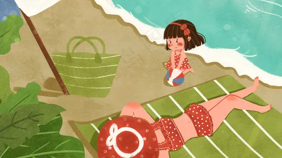 母女休假在海边游玩