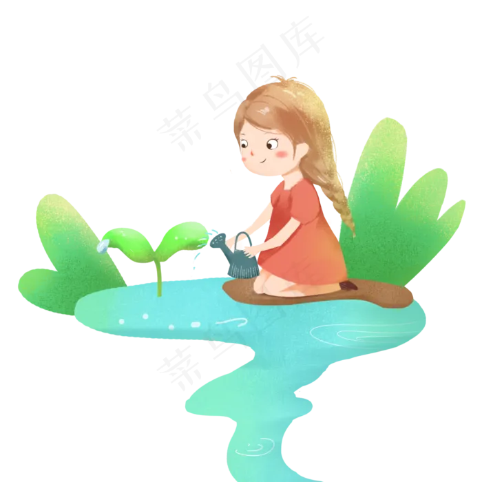 植树节绿色手绘给树苗浇水的女孩,免抠元素