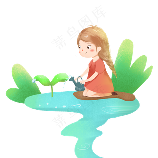 植树节绿色手绘给树苗浇水的女孩,免抠元素