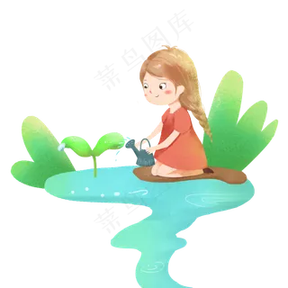 植树节绿色手绘给树苗浇水的女孩,免抠元素