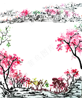 国画山水水墨红花春天江岸PNG 国画山水水墨红花春天江岸PNG