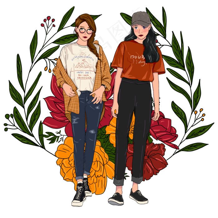 复古模特小清新女生插图,免抠元素(5000X5000(DPI:300))psd模版下载