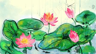 夏至夏季绿色系荷塘荷花荷叶水墨风水彩风