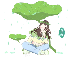 谷雨在叶子下躲雨女孩