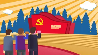 在党旗下宣誓的三个人