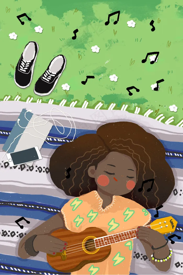 弹尤克里里的非洲女孩竖版(3545*5315px 300 dpi )psd模版下载