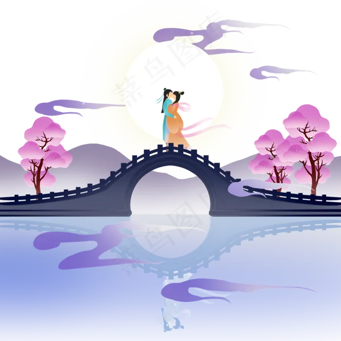 扁平风七夕古桥情侣约会,免抠元素(2000*2000px 300 dpi )psd模版下载