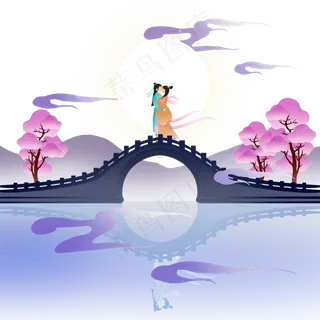 扁平风七夕古桥情侣约会,免抠元素