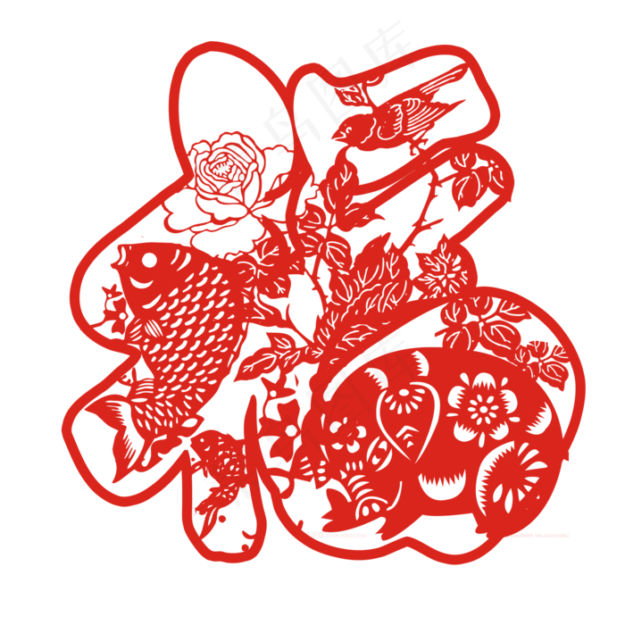 剪纸福福字窗花剪纸猪(2000X2000(DPI:300))psd模版下载
