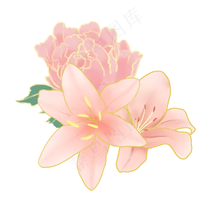 节日金边粉色手绘花叶装饰,免抠元素(2050X2050(DPI:299))psd模版下载