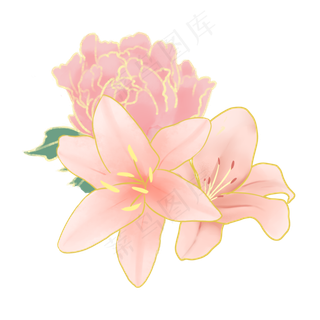 节日金边粉色手绘花叶装饰,免抠元素