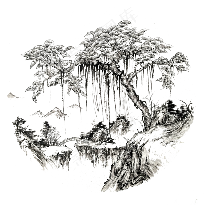 水墨山水树国画工笔,免抠元素(3000X3000(DPI:300))psd模版下载