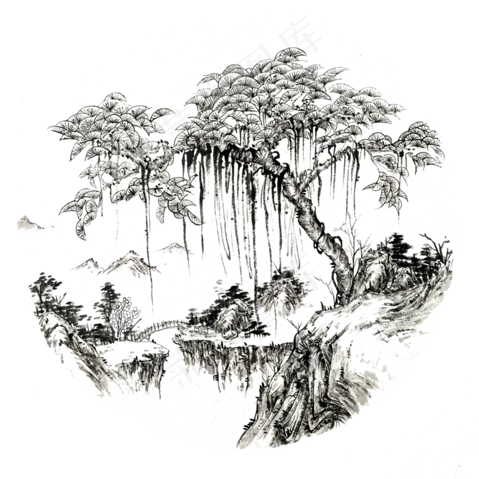 水墨山水树国画工笔,免抠元素(3000X3000(DPI:300))psd模版下载