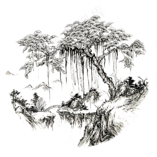 水墨山水树国画工笔,免抠元素