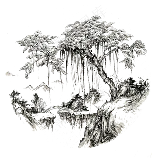 水墨山水树国画工笔,免抠元素
